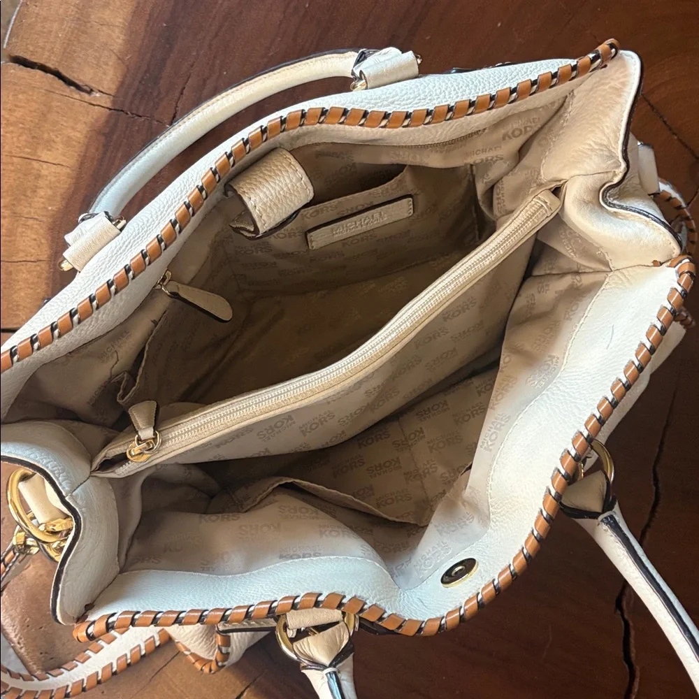 Michael Kors Hamilton Whipstitch Leather Satchel Cream Tan Gold Hardware
